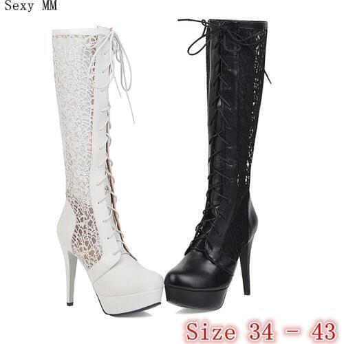 Summer High Heels Boots Mesh Women Shoes Platform Thigh High Boots Woman Knee High Boots Botas Plus Size 34 - 40 41 42 43