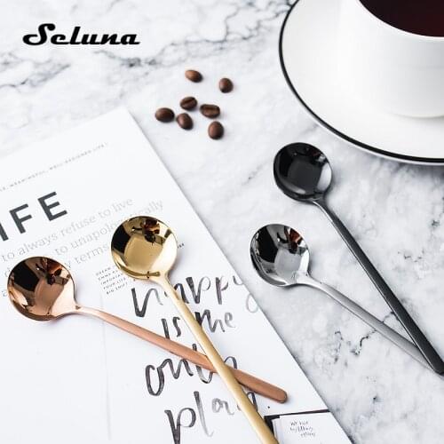 Stainless Steel Long Handled Round Soup Spoon Glod Silver Tea Coffee Spoon for Yogurt Ice Cream Dessert Spoon Cutlery Kitchen