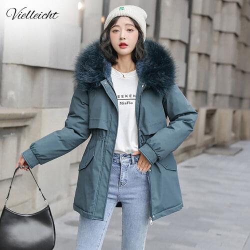 Vielleicht 2021 New Winter Jacket Womens Parkas Hooded Coat Casual Long Fur Lining Cotton Padded Warm Female Jacket Outwear