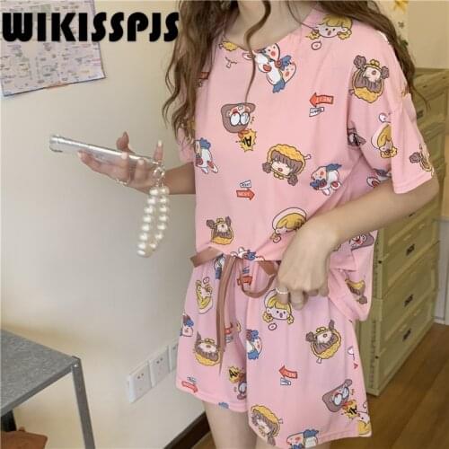 2021 New Pajamas for Women Summer Thin Ice Short Sleeves Two Piece Cartoon Cute Home Suit Pajamas for Teen Girls Lounge Wear