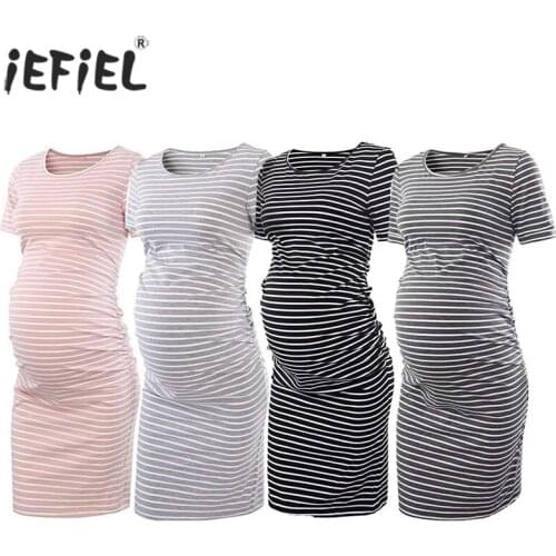 Maternity Dress Pregnancy Dresses Mama Casual Stripe Clothes Flattering Side Ruching Scoop Neck Pregnant Womens Clothing