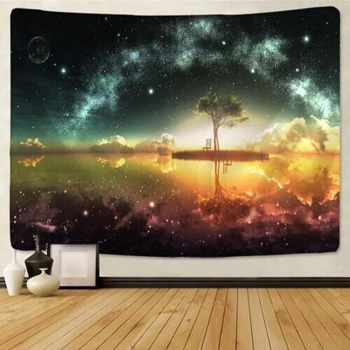 Psychedelic Setting Sun Starry Sky Decor Night Scenic Tapestry Big Tree Wall Hanging Decor Star Carpet Home Decor Tapestry