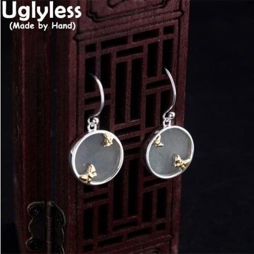 Uglyless Natural Jade Medals Earrings for Women 925 Silver Butterflies Bamboos Earrings 925 Silver Lovely Insects Brincos Ethnic