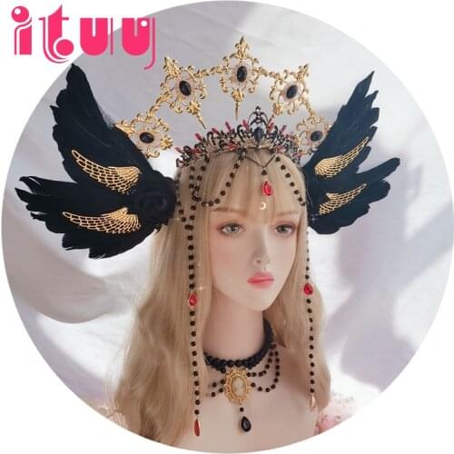 Lolita KC Crown Bead Chain Baroque Tiara Headwear Black Rose Angel Wings Sun Godmothers Halo Hair Accessories