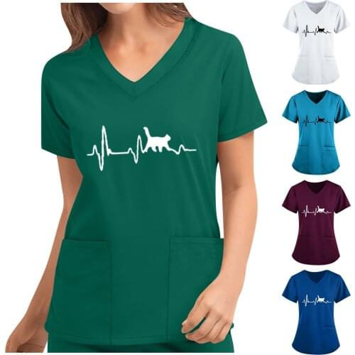 Hospital-Worker Nursing Uniform Women Cat ECG Print Casual Short Sleeve V-neck Carer Tops Nurse Working Blouse Clinic Uniforms