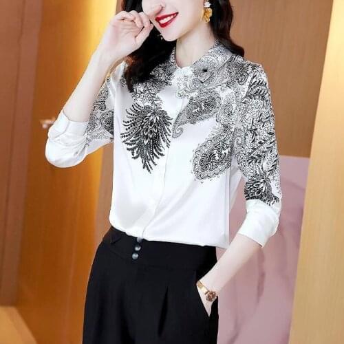 2021 Spring Fall Fashion Women Floral Printed Imitation Black White Top Blouse , Woman Clothes 3xl Slim Blouses and Tops