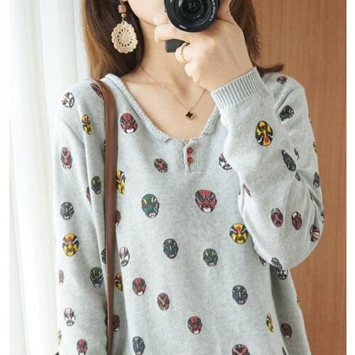 O-neck Cotton T-shirt Long-sleeved Ladies Retro Print Autumn Coat Casual Loose Bottoming Shirt Women Chinese Style Pullover Top