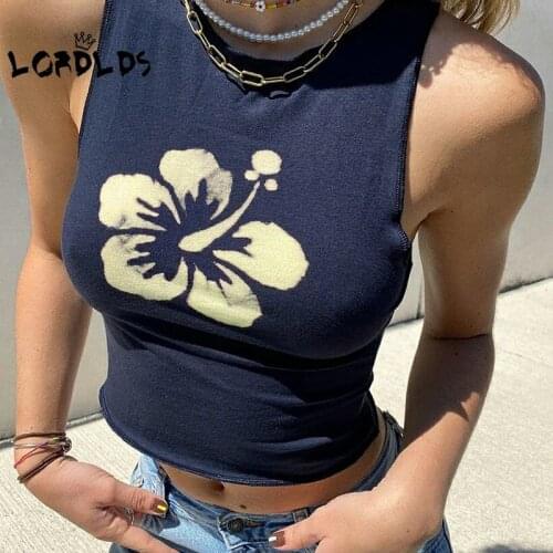 LORDLDS Women Dark Blue Floral Print Cute Tank Tops Summer Round Neck Ladies Streetwear Sleeveless Cropped Tees Baby Tees Y2k