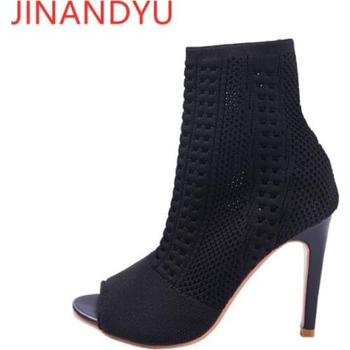 High Heels Black Shoes Women Mesh Ankle Boots Socks Fashion Women Shoes Peep Toe Heels Outdoor Boots Stiletto Heels Women Boots