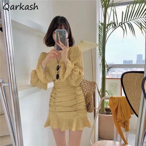 Dress Women Mini Print Flare Sleeve V-Neck Sheath Bodycon Vintage Ulzzang Slim Summer Shirring Design Prairie Chic Temperament