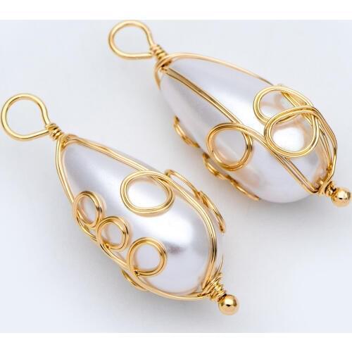 10pcs Gold Wire Wrapped Teardrop Charms 30x11mm, Wired Faux Pearl Pendants (GB-696)
