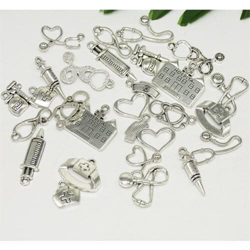 100 BULK Mixes Antiquedsilver Medical Charms Nurse and Doctor Theme Pendants Stethoscope Nurse Hat Charms for Jewelry Making RF3