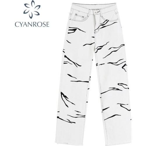 2021 Summer White High Waist Jeans Chic Loose Straight pants Womens Fashion Streetwear Trousers Harajuku Embroidery Denim Pants