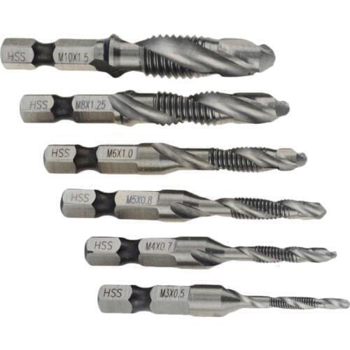 6Pcs M3-M10 Screw Tap Drill Bits Hss Taps Countersink Deburr Set Metric Combination Bit High Speed Steel 1/4 IN Quick Change Hex