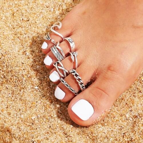 9PCS Tail Foot Finger Ring Gifts Adjustable Open Carved Toe Rings Set for Women Girl Summer Beach Vacation Knuckle Jewelry