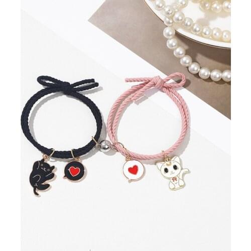 Diffone 2pcs/pair Couple Bracelet Magnet Cute Cartoon Animal Heart Lovers Braslet Bohemia BFF Braclet Elastic Thread Brazalete