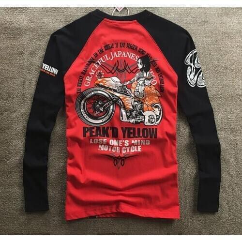 Japanese Style Ukiyoe T shirt Mens Fashion Biker T-Shirts Beauty Motorcycle Print Cotton Long-Sleeved Slim Tops Tee Shirt