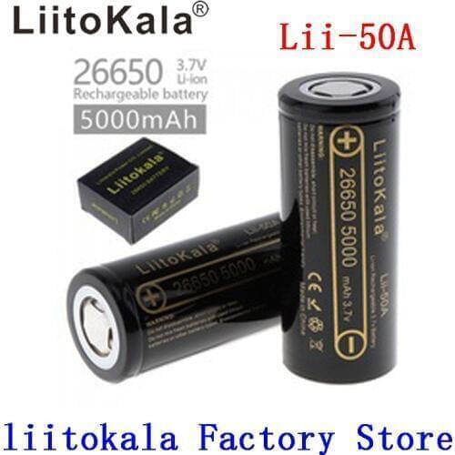 HK LiitoKala lii-50A 26650 5000mah lithium battery 3.7V 5000mAh 26650 rechargeable battery suitable for flashligh NEW