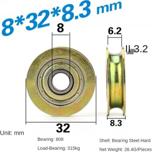 8*32*8.3mm groove, metal rust proof, U type, over wire rope guide wheel suspension wheel, 608zz bearing pulley roller