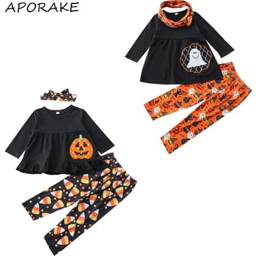 2021 1-6Y Halloween Toddler Girl Clothing Cartoon Ghost/Pumpkin Print Long Sleeve Dress+Long Pants+Scarf Costume Outfits 3pcs