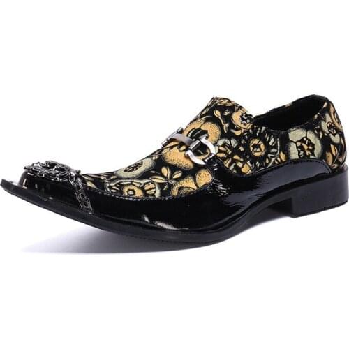 New Genuine Leather Mens Office Dress Shoes Gold Toe Printing Wedding Mens Casual Shoes Gold Buckle Suit Mens Oxford Flats