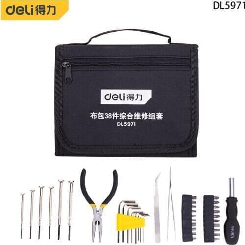 Deli Household Tool Set Elbow Tweezers Needle Nose Pliers Slotted Screwdriver Flat Hexagon Socket Set 38 DIY Tools Per Set