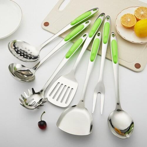 Kitchen Utensils Set Stainless Steel Cooking Tools Set of 7 PCS with Kitchen Rail Bar Skimmer Meat Fork Ladle Spatula Spoon