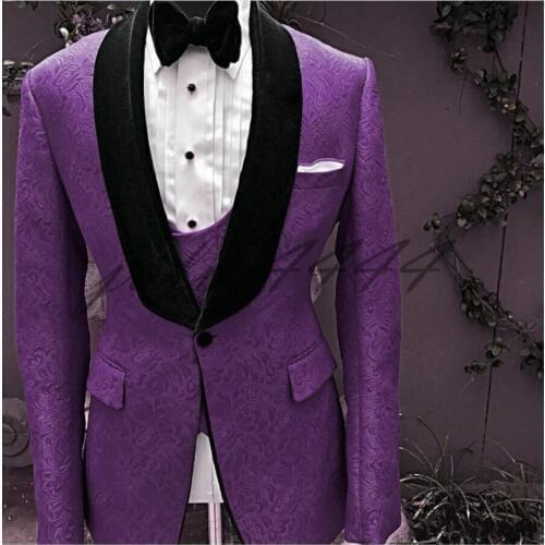 Newest Men Suits Purple and Black Groom Tuxedos Shawl Velvet Lapel Groomsmen Wedding Best Man ( Jacket+Pants+Tie+Vest ) C672
