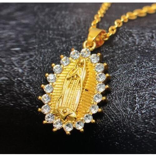Virgin Mary Necklace Rhinestone Pendant Necklace Chain Gold Color Goddess Jewelry Catholic Necklaces for Women Catholicism