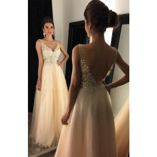 Sexy Long Peach Lace Beaded Evening Dresses with Pockets Floor Length Zipper Chiffon Abendkleid Robes de Soirée for Women