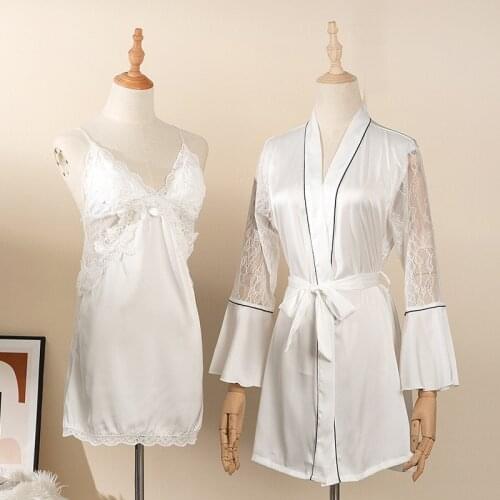 JULYS SONG Female 2 Pcs Pajamas Set Ice Silk Soild Color Sexy Pajamas Lace Long Sleeve Summer Female Sleepwear Nightdress