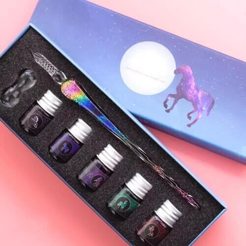 Rainbow Glass Fountain Pen Water Set Student Crystal Dip Pen Gift Box Handmade Stationery Creative Ink Pen Art Supplies Dropship