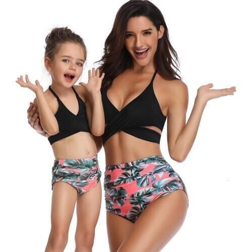 Family Matching Kids Swimsuit Girls Mother And Daughter Scroop Neck Swimwear Cross Knotted Thong Bikinis Baby Women Bathing Suit