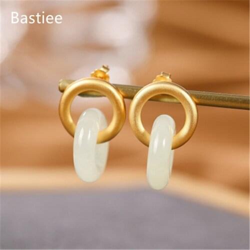 Bastiee 925 Sterling Silver Earrings Earings Fashion Jewelry Jade Golden Plated Korean Earrings Dangle Earrings