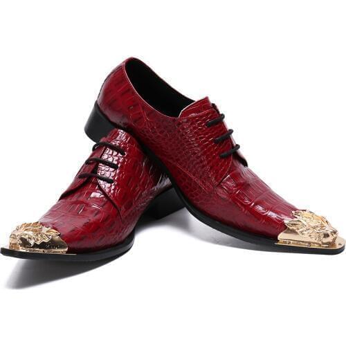 Stylish Crocodile Grain Male Leather Shoes Lace Up Red Office Formal Party Dress Shoes Steel Toe claquette Wedding Shoes Men 47