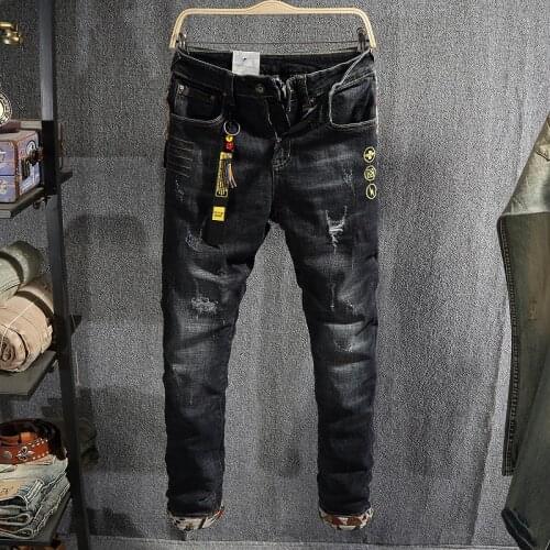 Japanese Vintage Fashion Men Jeans Elastic Slim Ripped Jeans Men Street Embroidery Patchwork Designer Hip Hop Denim Punk Pants