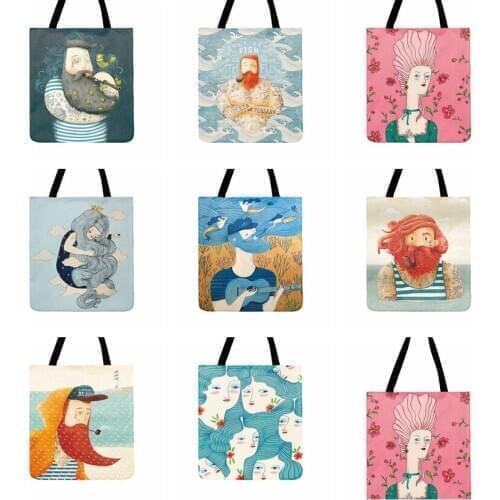 Nordic Literary Painting Sailor And Loli Girl Print Tote Bag For Women Casual Tote Ladies Shoulder Bag Shopping Bag Beach Tote