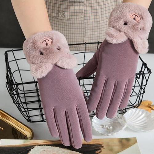Women Winter Touch Screen Gloves Female Cute Bear Embroidery Bow Driving Gloves Plus Velvet Thicken Suede Warm Cycling Glove H54
