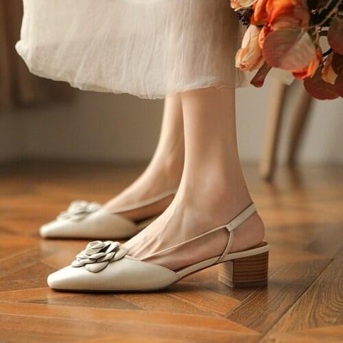 QZYERAI New Arrival Sexy Genuine Leather Women Sandals High Heels Flowers Wedding Party Shoes 100% Cowhide Sandals Pumps