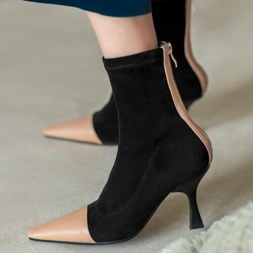 2020 spring and autumn new fashion all-match pointed toe stiletto single shoes female color matching leather ankle boots X330