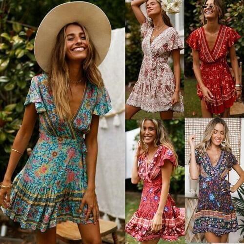 Women Short Sleeve Wrap Boho Floral Mini Dress Ladies Summer Sundress Holiday V neck Short Sleeve Print Dress 9 Colors