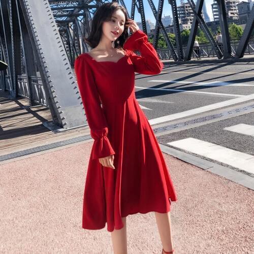 S-XXL Evening Party Dress Women 2019 Autumn Winter New Retro Slim Dress Red Dress Knee-Length Vestidos Femininos Plus Size Dress