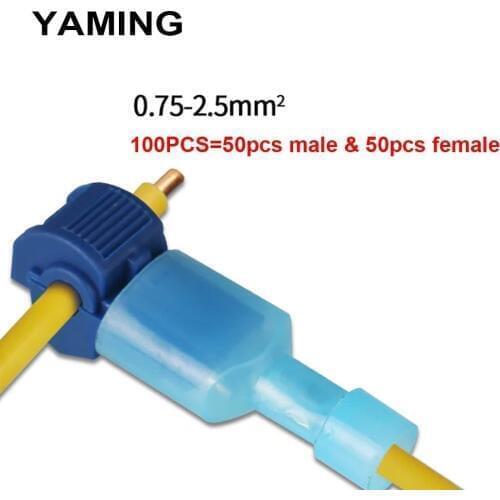 100pcs) 50set Blue Wire Connector 15A T shape universal quick connector soft wire high-temperature copper electricity