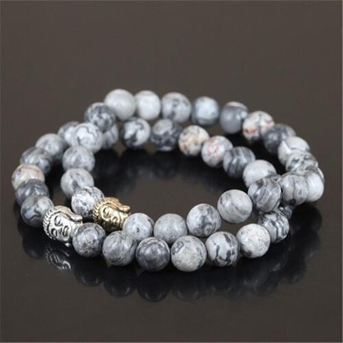 2pcs High quality natural map stone round beads charm bracelet for women mercy buddha head men stretch bracelet