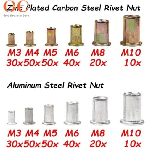 200PCS Alumimum Rivet Nuts/ Carbon Steel Flat Head Rivet Nut M3/4/5/6/8/10 outside furniture metic nut and bolt assortment