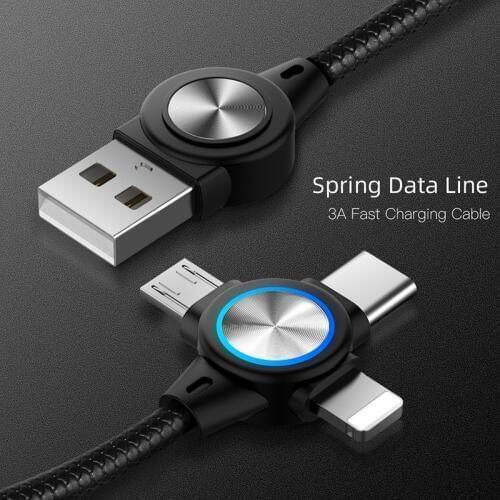 3 in 1 USB C Micro USB 8 Pin Cable 3A Fast Charging Retractable Spring Charging Cable Data Cord for Huawei P20 Xiaomi Samsung