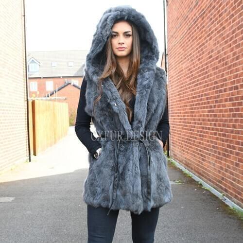 CX-G-B-102D New Fashion Womens Rabbit Fur Vest With Hood