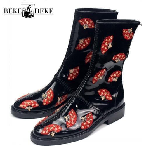 Designer Runway Mens Fan Embroidery Boots Zipper Genuine Leather Mid Calf Boots Male Handmade Bikers Riding Boots Safety Shoes