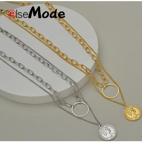 ELSEMODE 2021 Fashion Stainless Steel Queen Coin Choker Jewelry Vintage 2 Layer Hoop Pendant Necklace