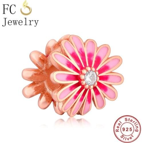 FC Jewelry Fit Original Brand Charm Bracelet Authentic 925 Silver Rose Gold Pink Enamel Daisy Bead For Making Women Berloque